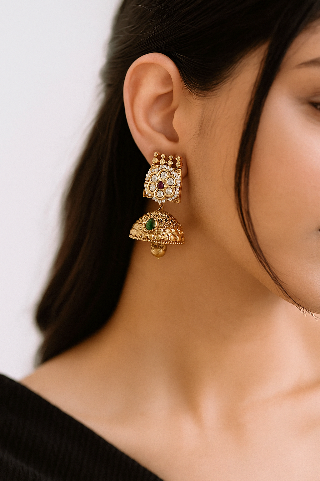 Antique Gold Jhumka Earrings with Ruby and Green Stone